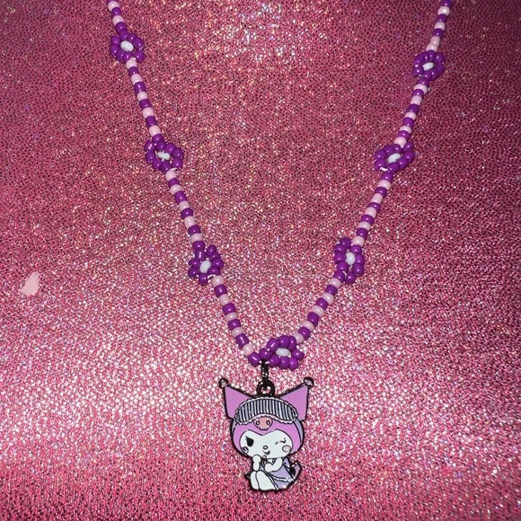 Hello Kitty Jewelry - purple sleepy kuromi sanrio adjustable flower beaded necklace